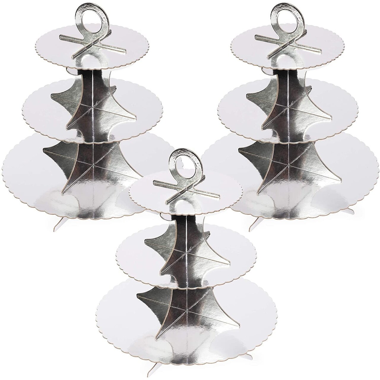 3 Pack Cardboard 3 Tier Cupcake Stand with Scalloped Edges (Silver Foil, 12 x 13.5 In)